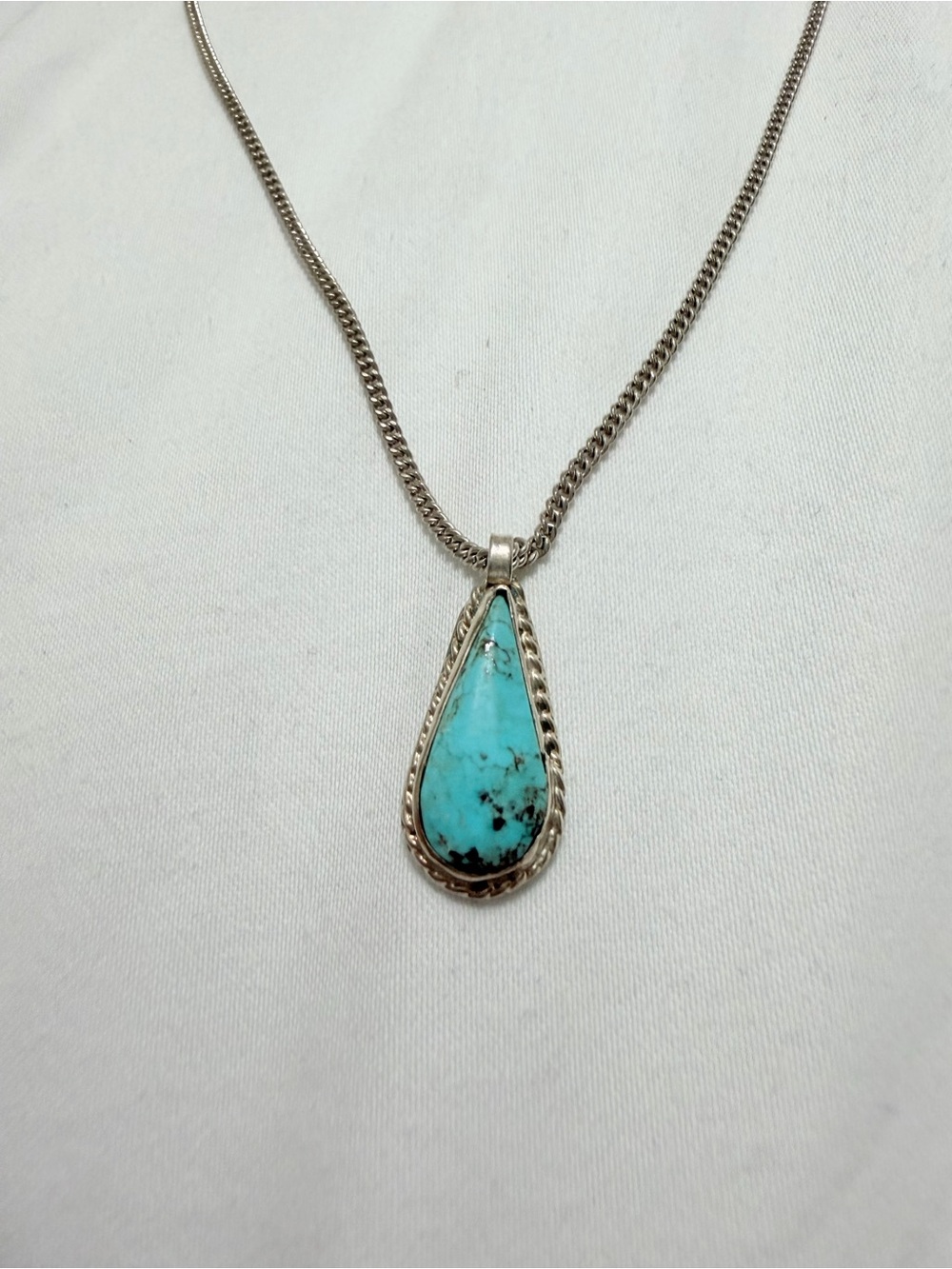925 Sterling Silver Turquoise Teardrop Handcrafted Pendant Necklace - Blue